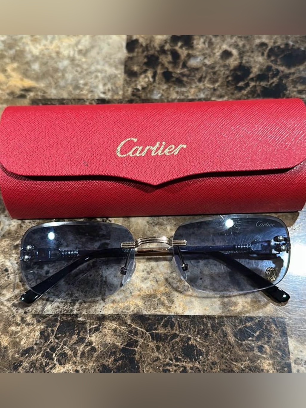 Cartier Rimless Sunglasses With Red Logo Case - Blue Lenses